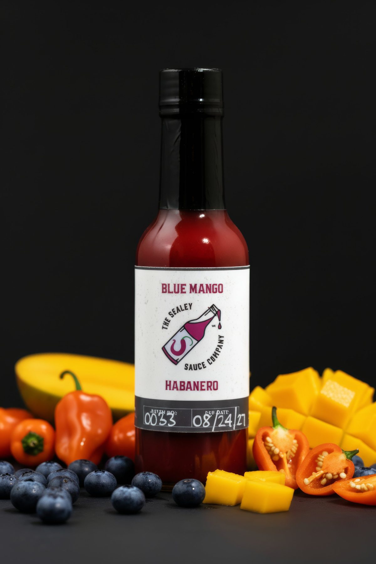 Blue Mango Habanero with blueberries, cubed mango, and halved habaneros — photo by Jimmy Warr