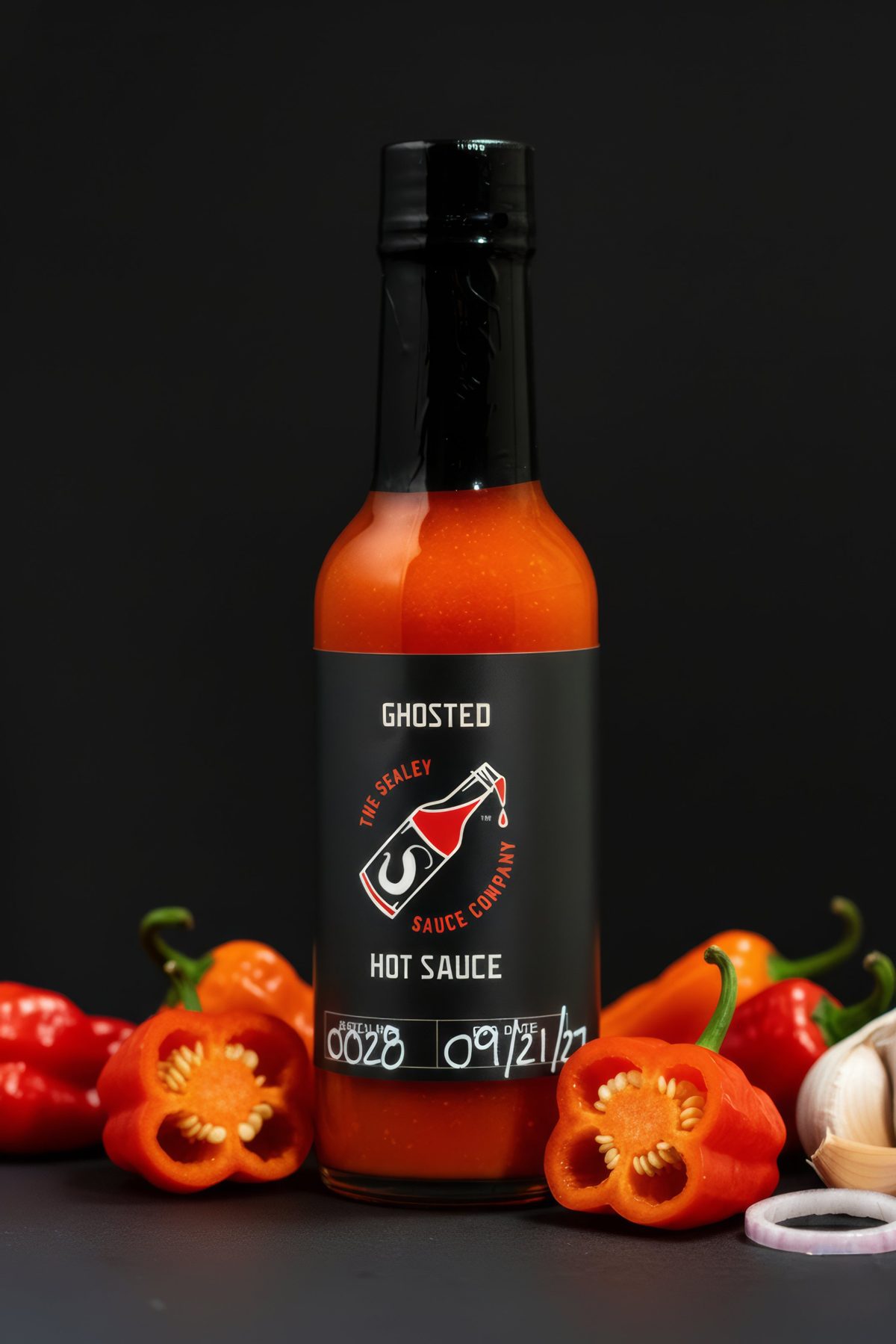 Ghosted hot sauce between halved red peppers and garlic — photo by Jimmy Warr