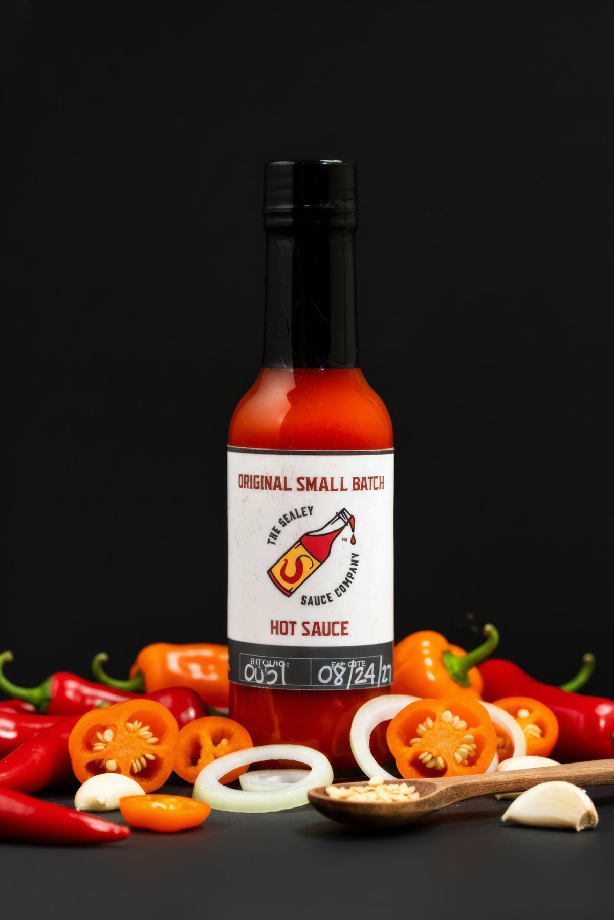 Original Small Batch surrounded by red and orange peppers, onion rings, garlic, and a spoon of chili seeds — photo by Jimmy Warr